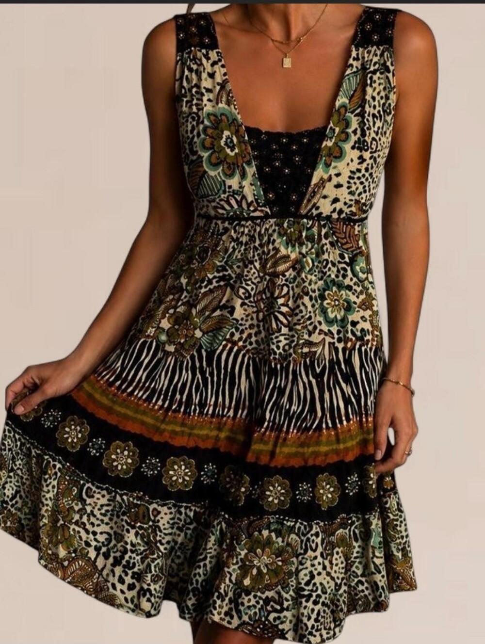 Forbidden green orange black mixed print witchy grunge artsy midi beaded dress